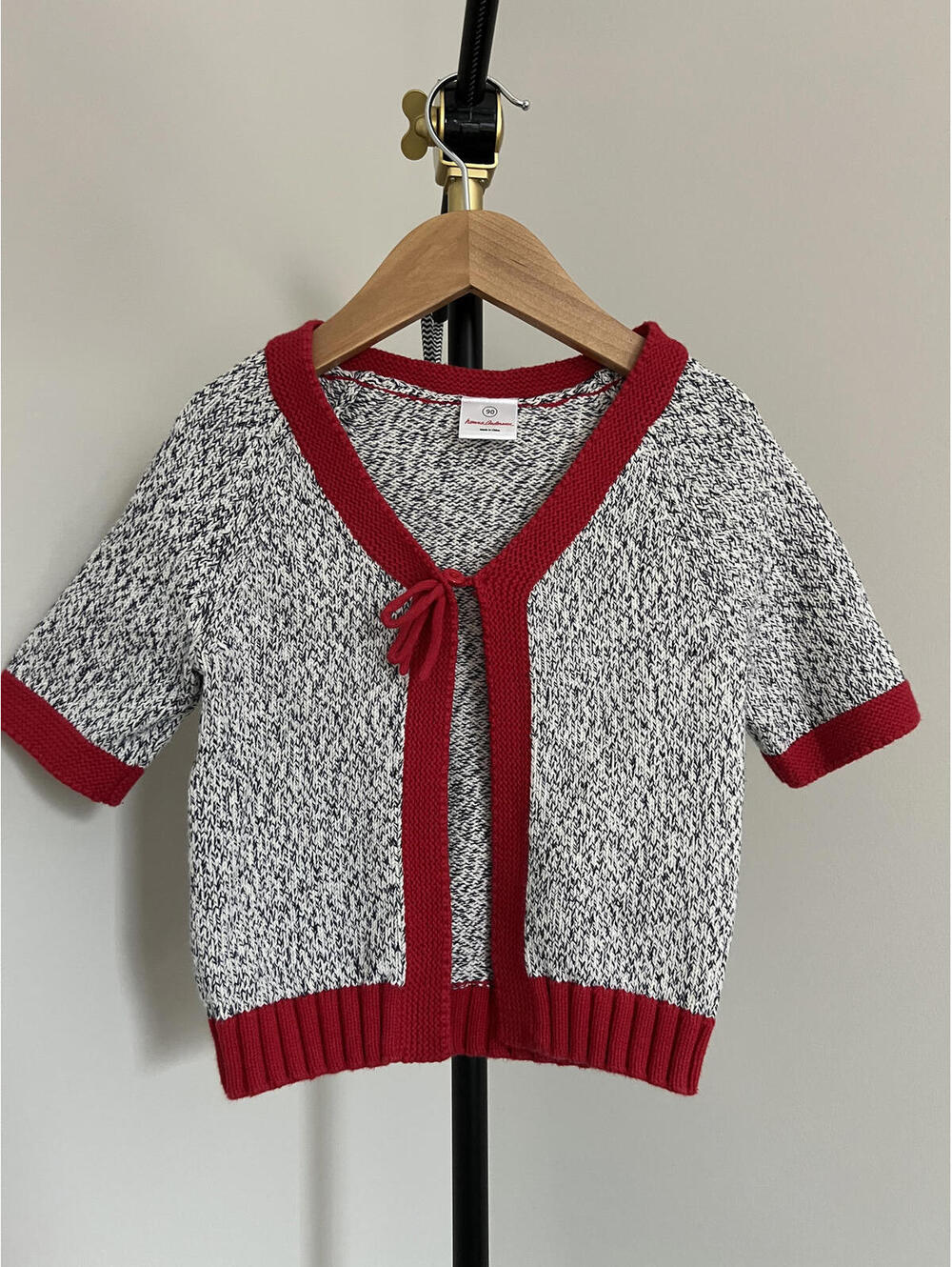 Hanna Andersson Grey/Red Short Sleeve Tie-Front Short Sleeve Cardigan Sweater